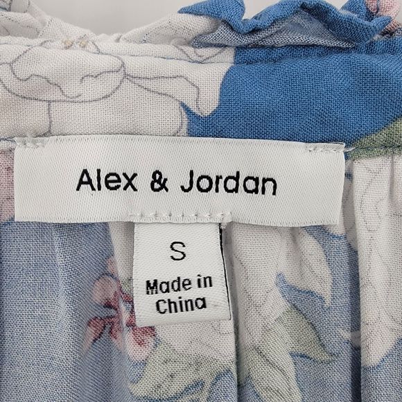 Alex & Jordan Blouse Womens Small Floral Blue Ruffle V Neck - Picture 7 of 10